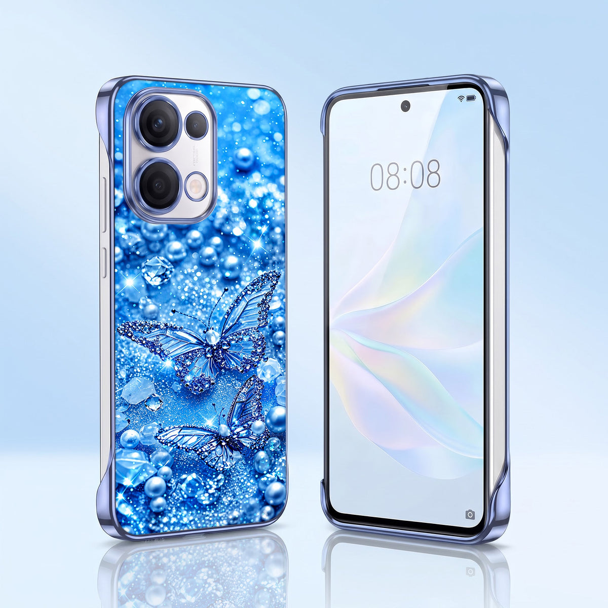 Oppo Reno 13 5G Butterfly Blue Printed  Frameless Back Case
