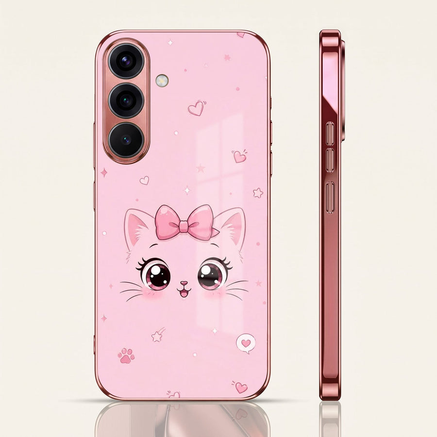 Samsung Galaxy A56 5G Luxury Cute Cat Pink Electroplated Glass Phone Back Case