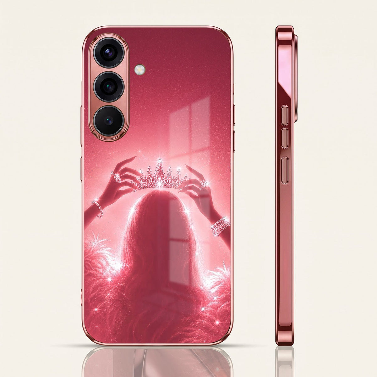 Samsung Galaxy A56 5G Luxury Crown Queen Pink Electroplated Glass Phone Back Case