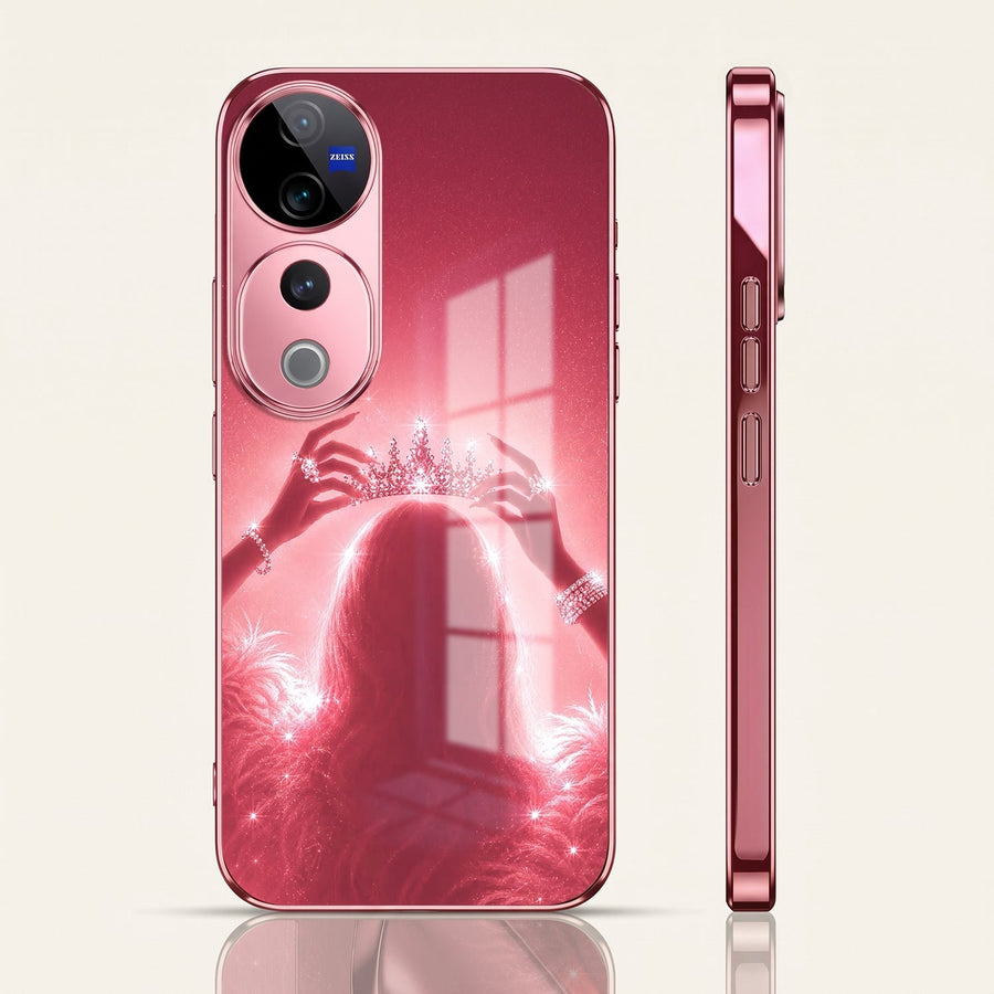 Vivo V40 Pro 5G Luxury Crown Queen Pink Electroplated Glass Phone Back Case