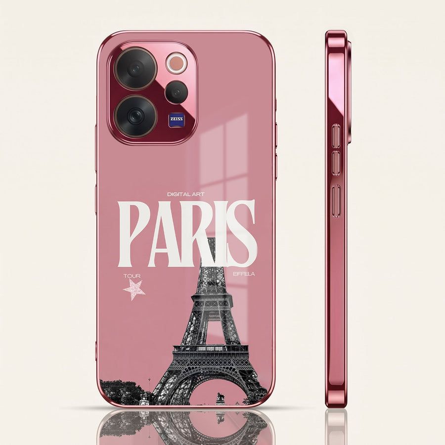Vivo V70 5G Luxury Paris Tower Pink Electroplated Glass Phone Back Case