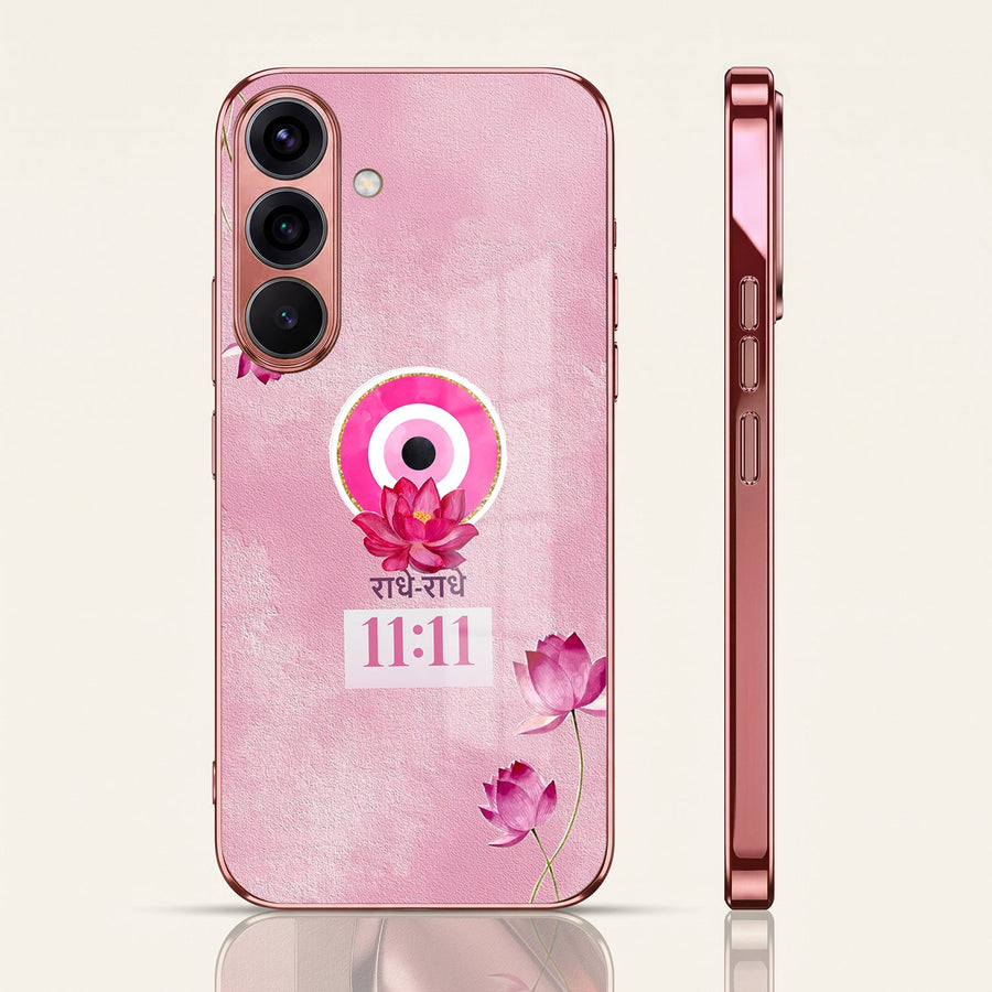 Samsung Galaxy A56 5G Luxury Radhe Radhe 11:11 Pink Electroplated Glass Phone Back Case