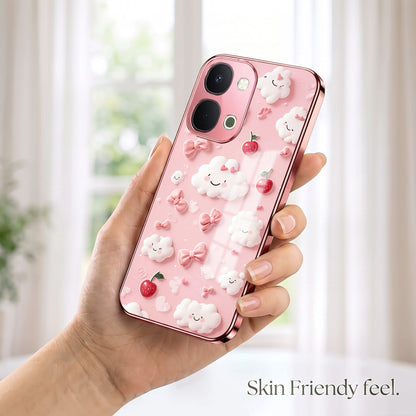 Vivo T5x 5G Luxury 3D Clouds Pink Electroplated Glass Phone Back Case