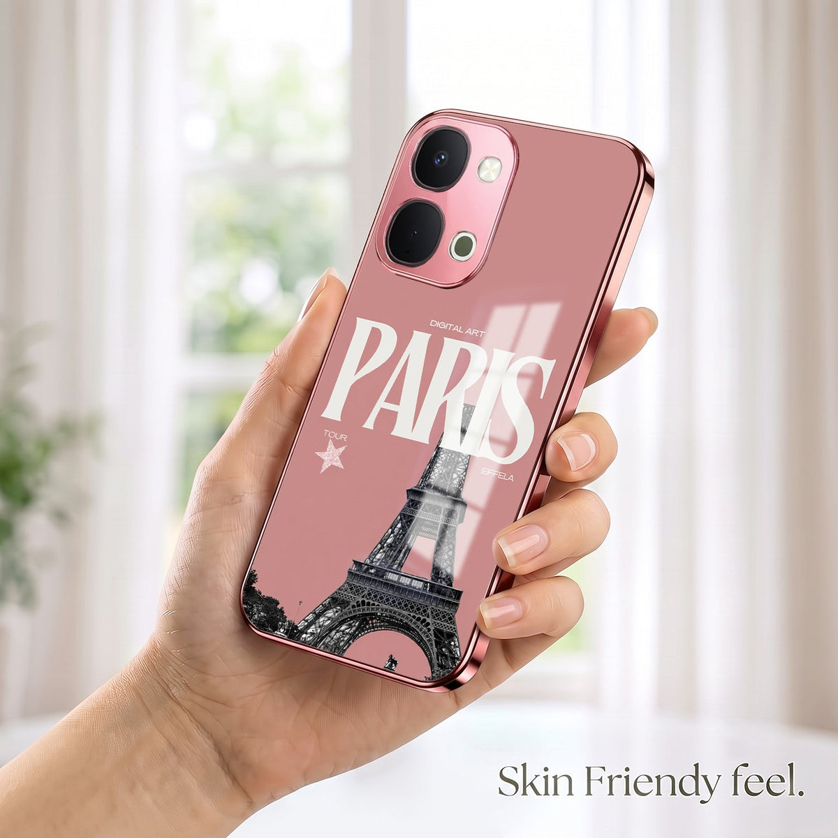 Vivo T5x 5G Luxury Paris Tower Pink Electroplated Glass Phone Back Case