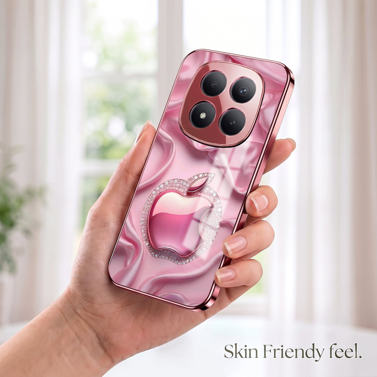 Redmi Note 15 Pro+ 5G Luxury Apple Logo Pink Electroplated Glass Phone Back Case