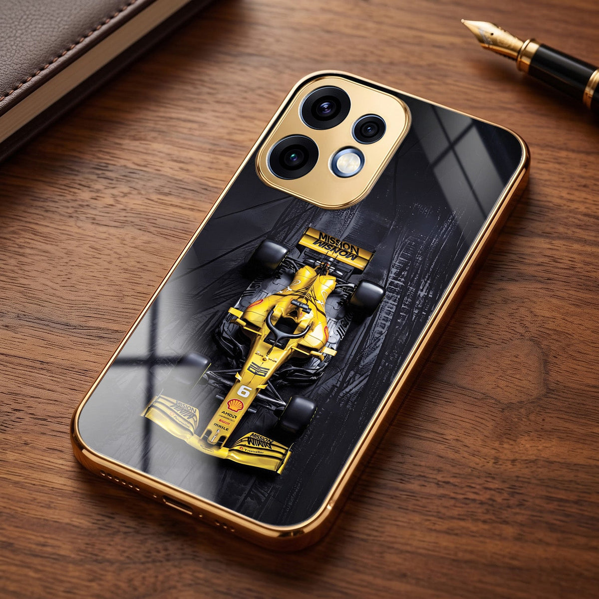 Oppo Reno 16 5G F1 Racing Car Gold Electroplated Glass Phone Back Case