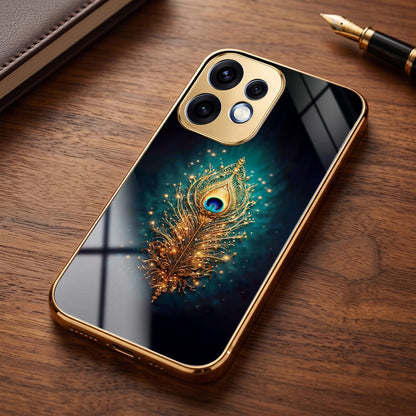 Oppo Reno 16 5G Golden Peacock Feather Gold Electroplated Glass Phone Back Case