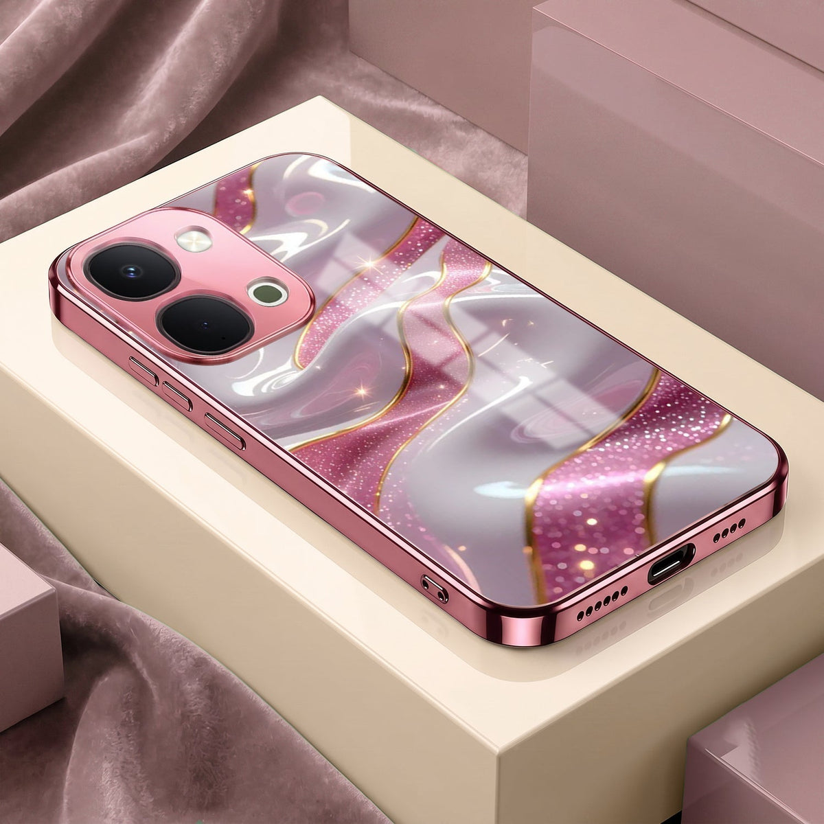 Vivo T5x 5G Pearl Marble Pink Electroplated Glass Phone Back Case