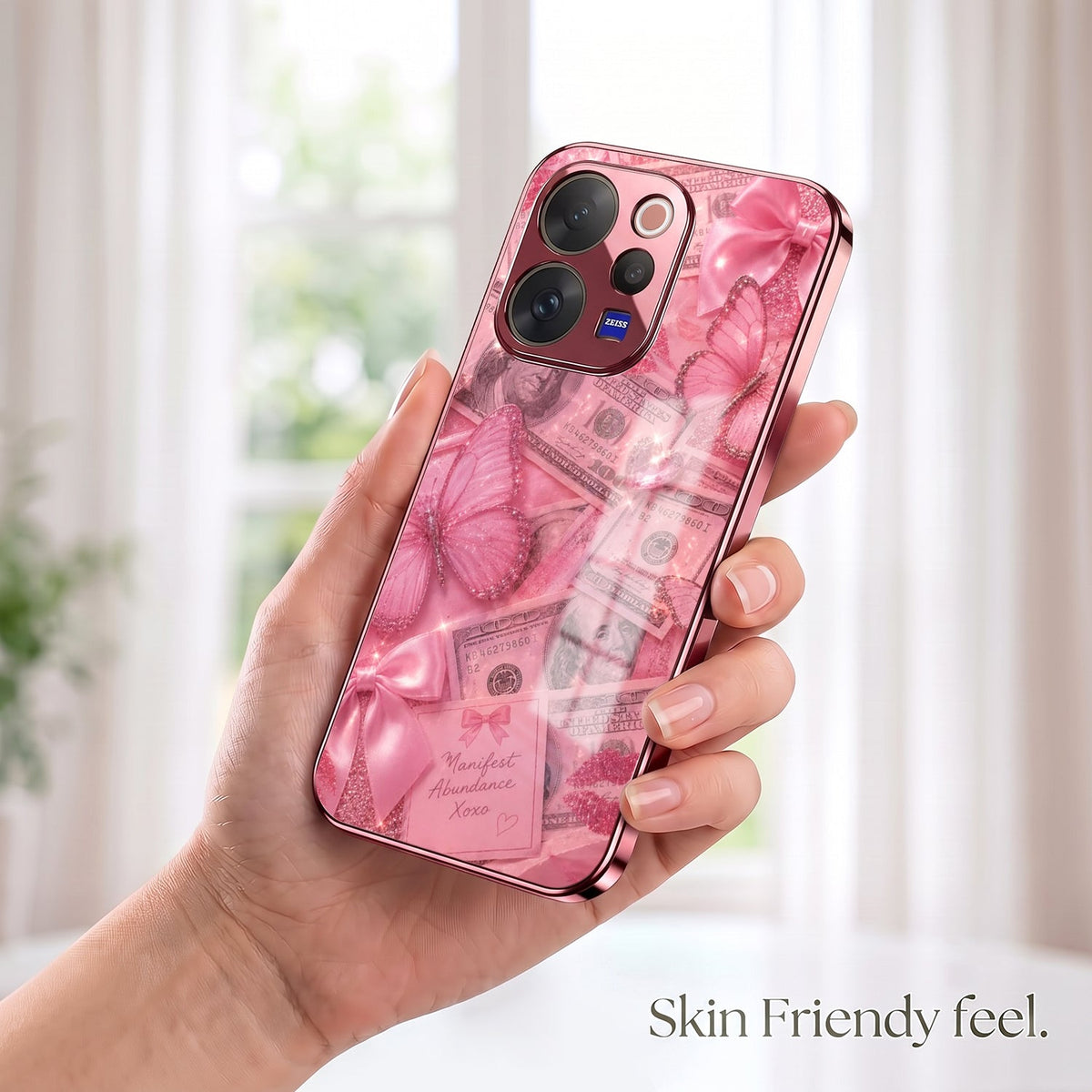 Vivo V70 5G Luxury Dollar Butterfly Pink Electroplated Glass Phone Back Case