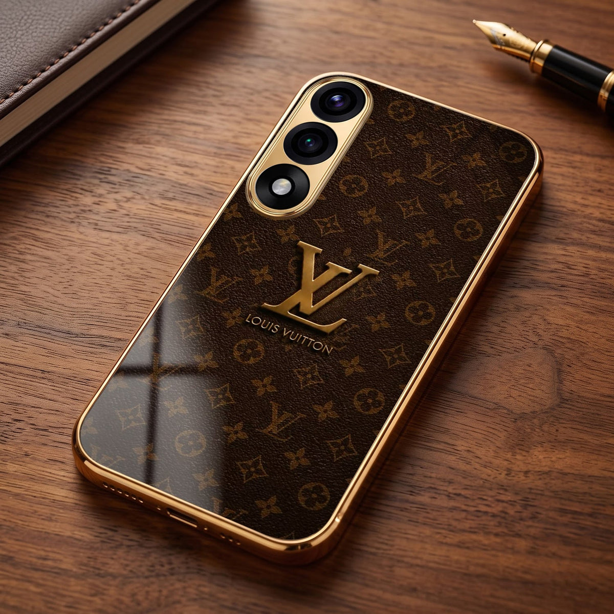 Oneplus Nord 5 5G LV Brown Monogram Gold Electroplated Glass Phone Back Case