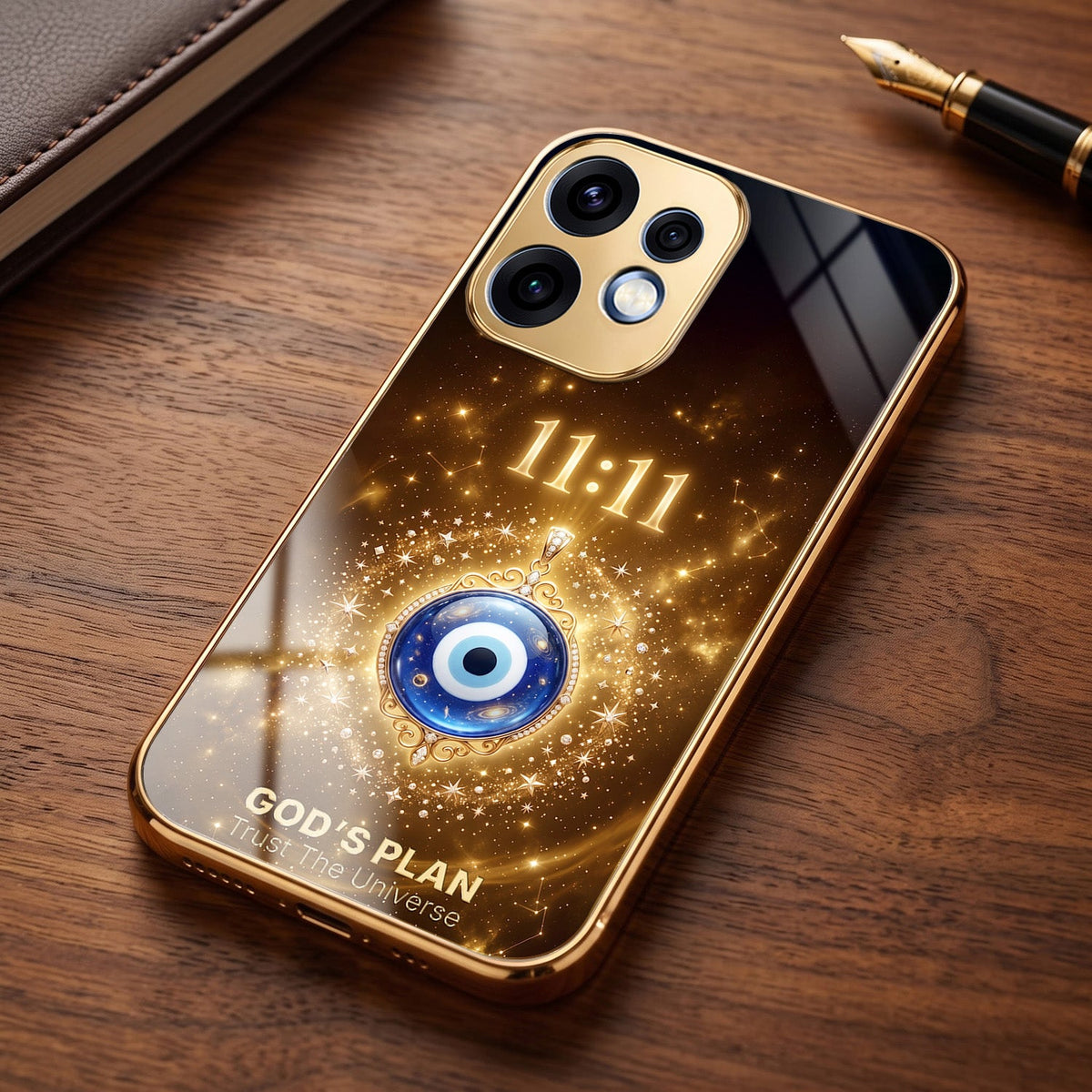 Oppo Reno 16 5G God’s Plan Evil Eye Gold Electroplated Glass Phone Back Case