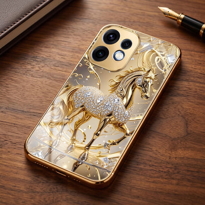 Oppo Reno 16 5G Luxury Horse Texture Gold Electroplated Glass Phone Back Case