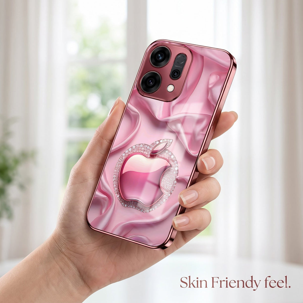 Oppo Reno 14 5G Luxury Apple Logo Pink Electroplated Glass Phone Back Case
