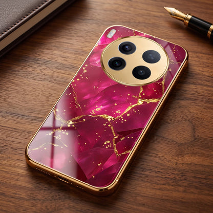 Vivo X300 Pro 5G Luxury Crimson Marble Gold Electroplated Glass Phone Back Case