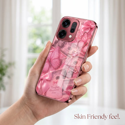 Oppo Reno 14 5G Luxury Dollar Butterfly Pink Electroplated Glass Phone Back Case