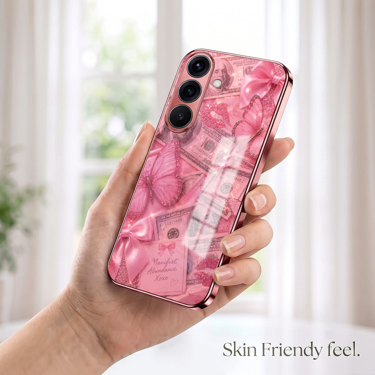 Samsung Galaxy A56 5G Luxury Dollar Butterfly Pink Electroplated Glass Phone Back Case