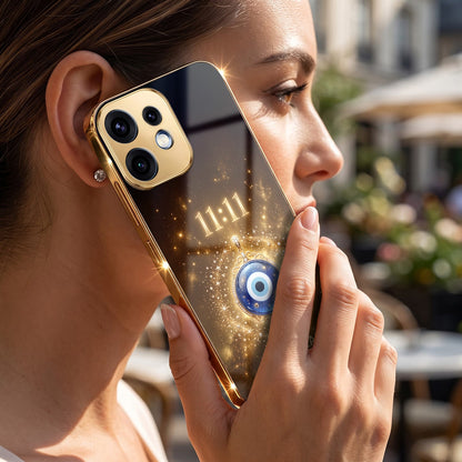 Oppo Reno 16 5G God’s Plan Evil Eye Gold Electroplated Glass Phone Back Case
