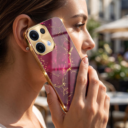 Oppo Reno 13 5G Luxury Crimson Marble Gold Electroplated Glass Phone Back Case