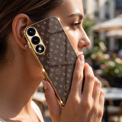 Oneplus Nord 5 5G Luxury Monogram Brown Gold Electroplated Glass Phone Back Case
