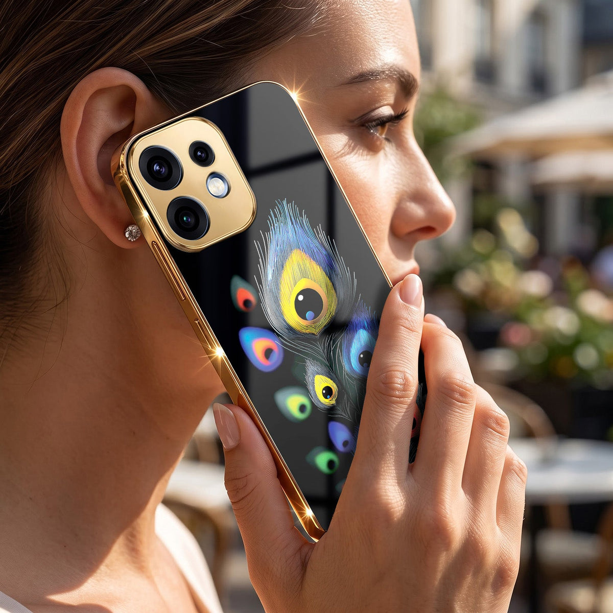 Oppo Reno 16 5G Multi-Feather Peacock Gold Electroplated Glass Phone Back Case