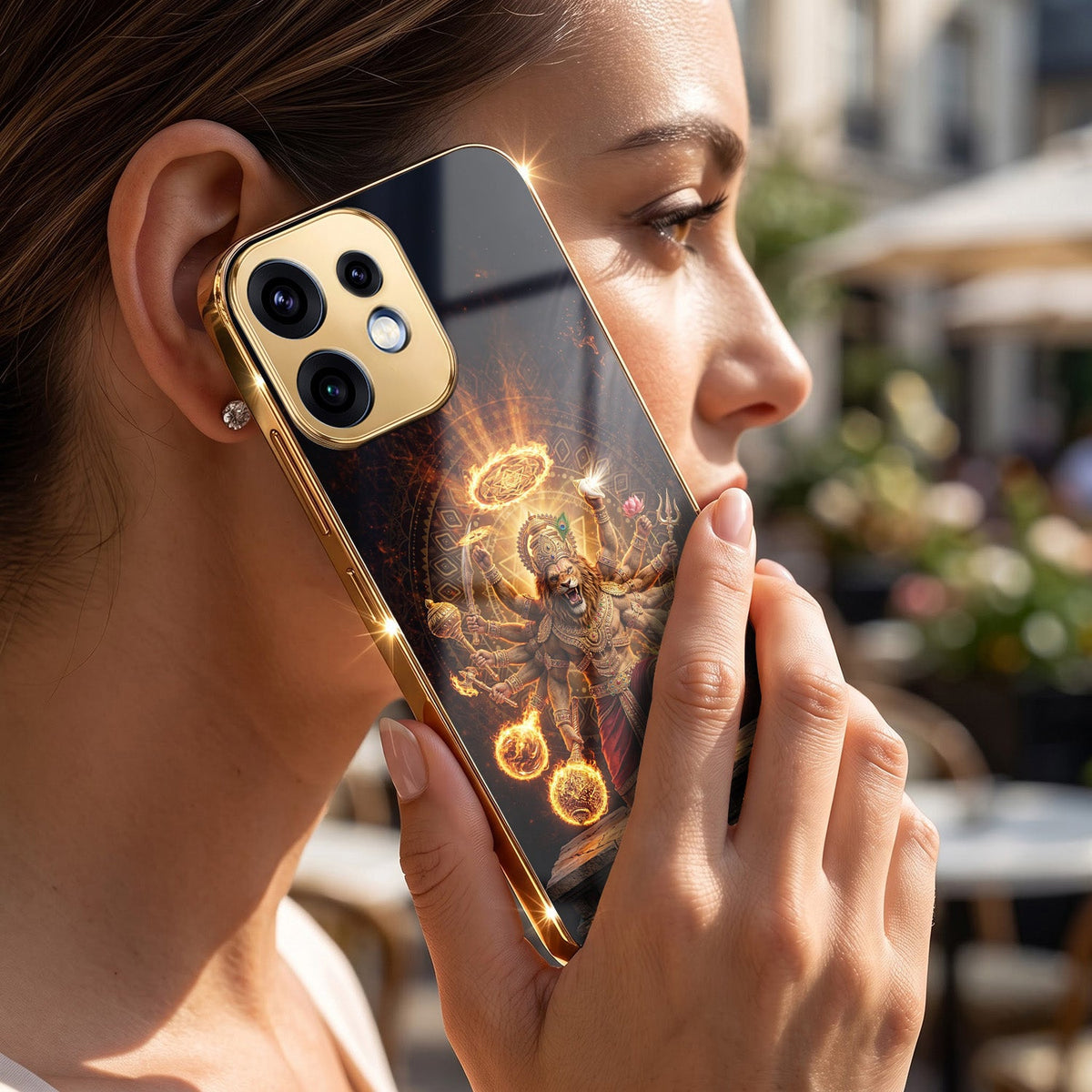 Oppo Reno 16 5G Lord Narasimha Gold Electroplated Glass Phone Back Case