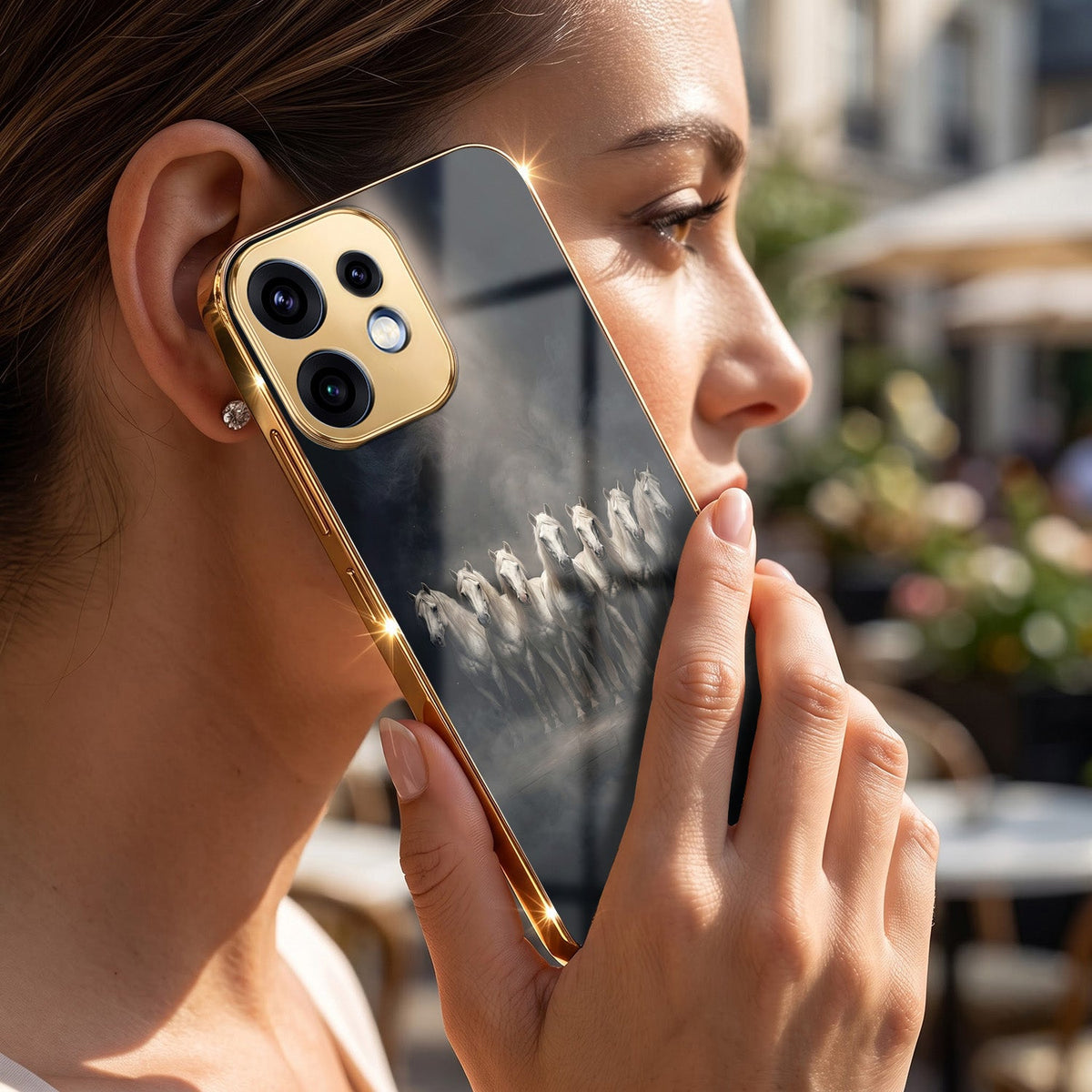 Oppo Reno 16 5G Running Horses Gold Electroplated Glass Phone Back Case