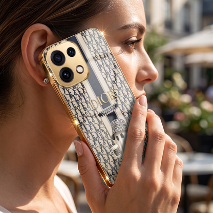Oppo Reno 16C 5G Luxury Dior Gold Electroplated Glass Phone Back Case