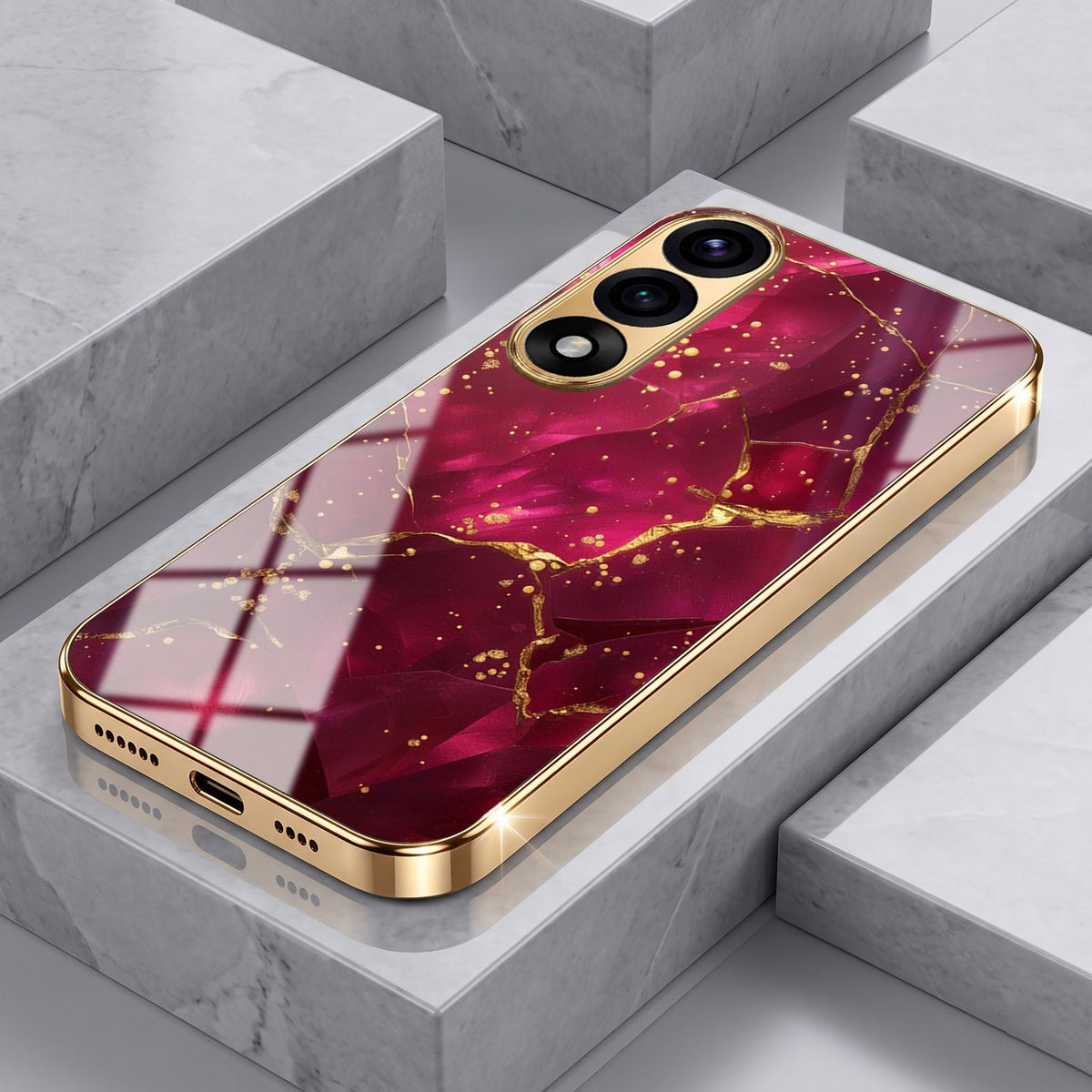 Oneplus Nord 5 5G Luxury Crimson Marble Gold Electroplated Glass Phone Back Case