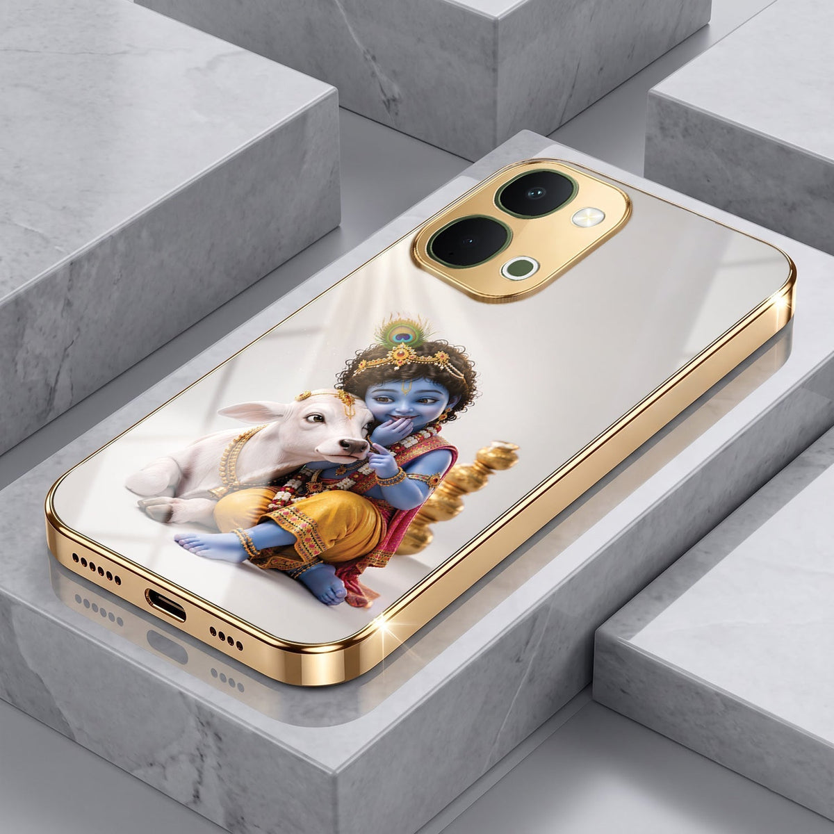 Vivo Y51 Pro 5G Bal Krishna Blessings Gold Electroplated Glass Phone Back Case