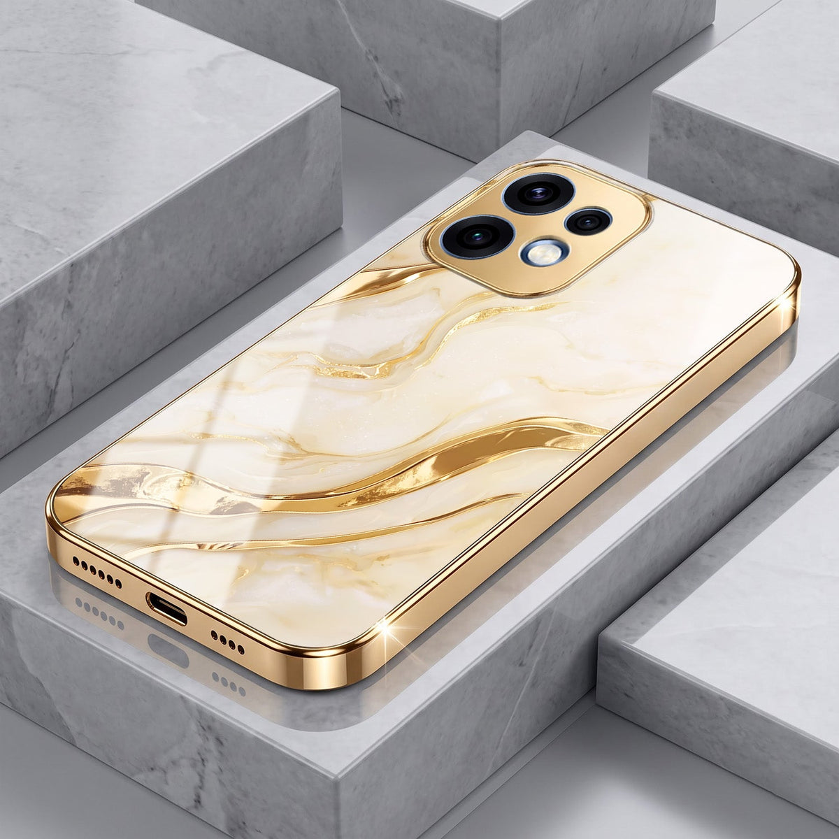 Oppo Reno 16 5G Marvel Texture Gold Electroplated Glass Phone Back Case