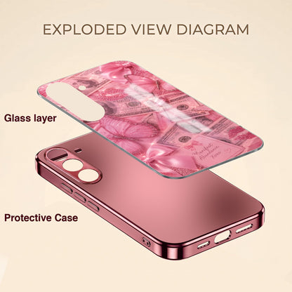 Samsung Galaxy A56 5G Luxury Dollar Butterfly Pink Electroplated Glass Phone Back Case