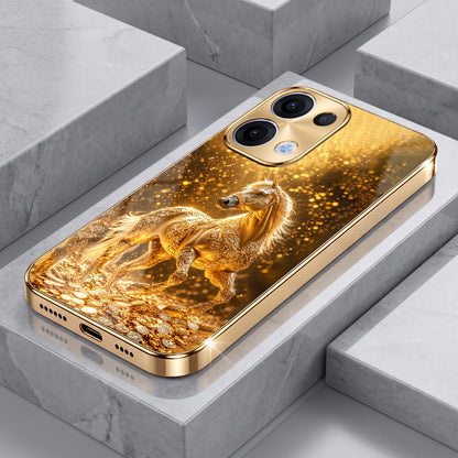 Oppo Reno 13 5G Golden Horse Sparkle Gold Electroplated Glass Phone Back Case