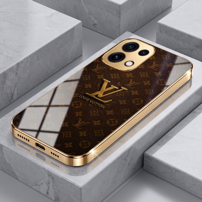 Oppo Reno 16C 5G LV Brown Monogram Gold Electroplated Glass Phone Back Case