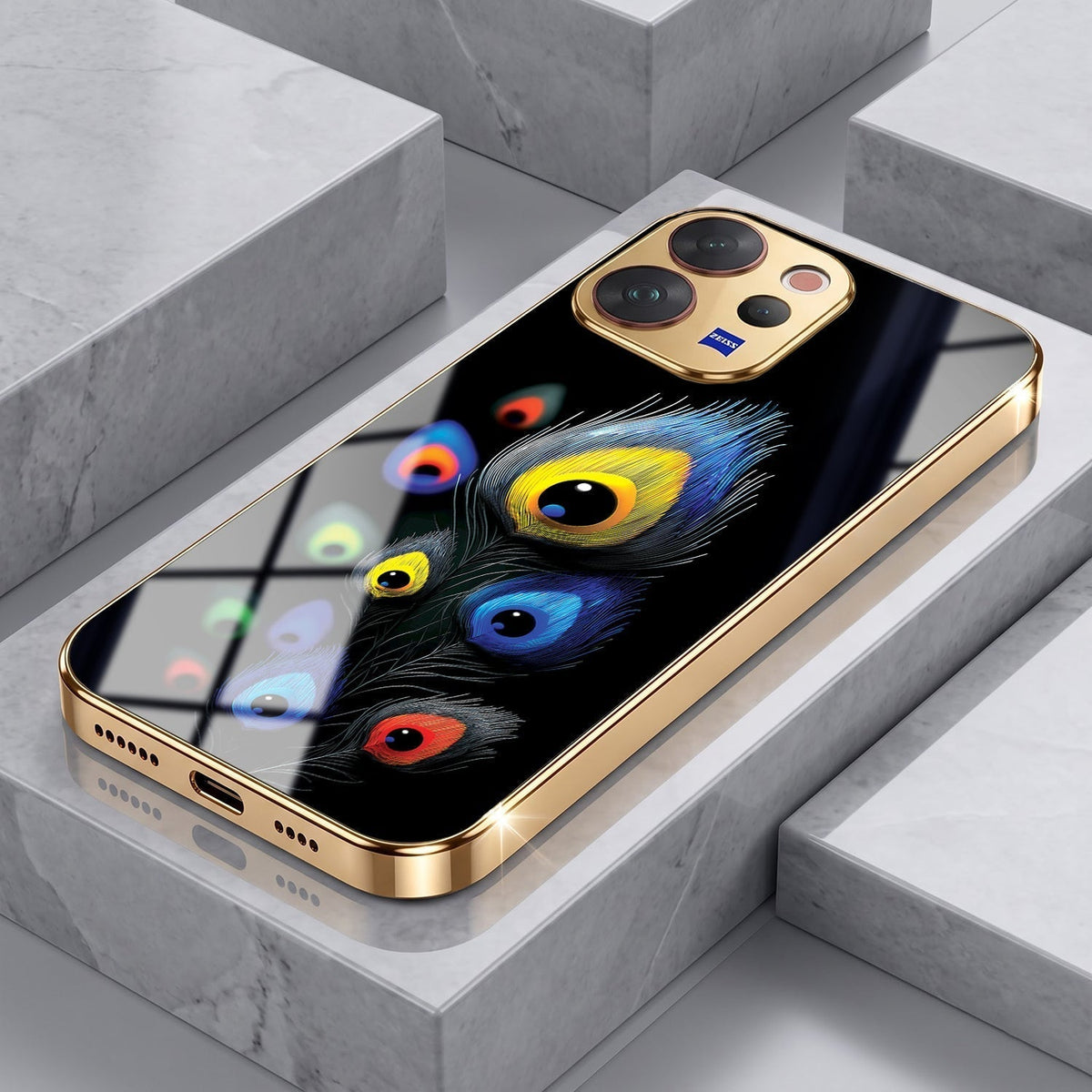 Vivo V70 5G Multi-Feather Peacock Gold Electroplated Glass Phone Back Case