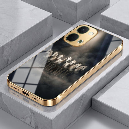 Vivo Y51 Pro 5G Running Horses Gold Electroplated Glass Phone Back Case