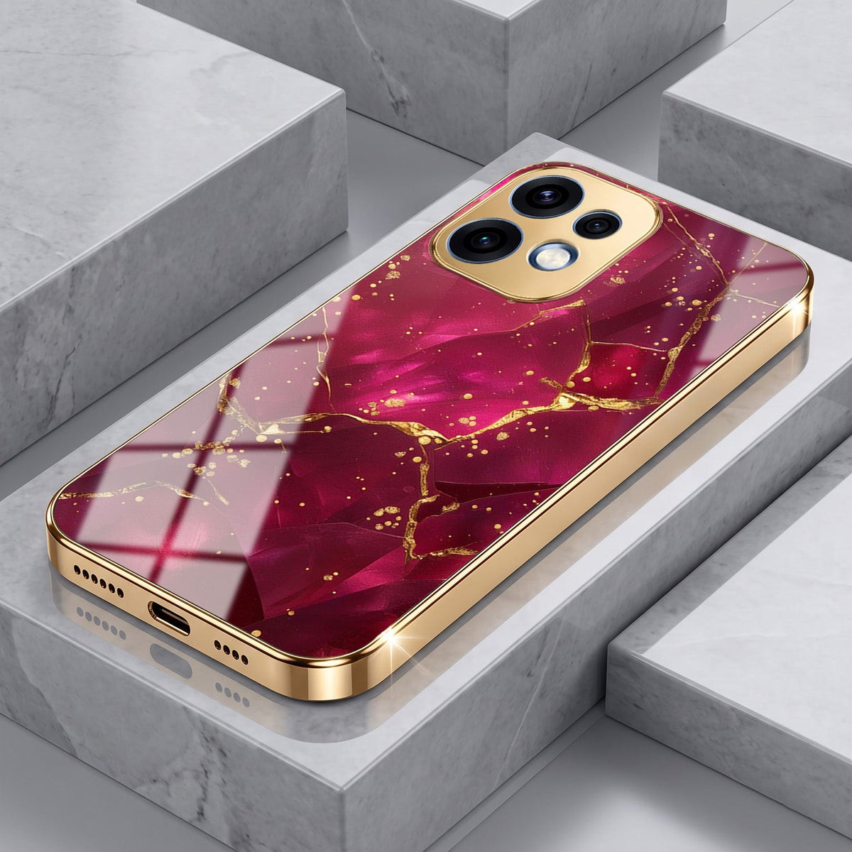 Oppo Reno 16 5G Luxury Crimson Marble Gold Electroplated Glass Phone Back Case
