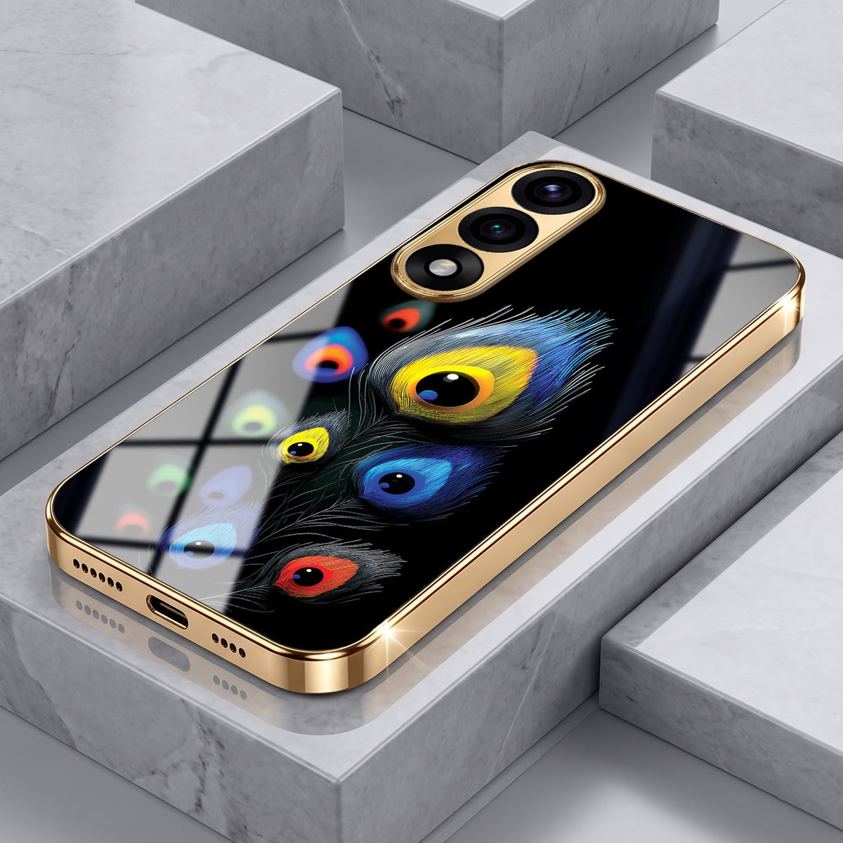 Oneplus Nord 5 5G Multi-Feather Peacock Gold Electroplated Glass Phone Back Case