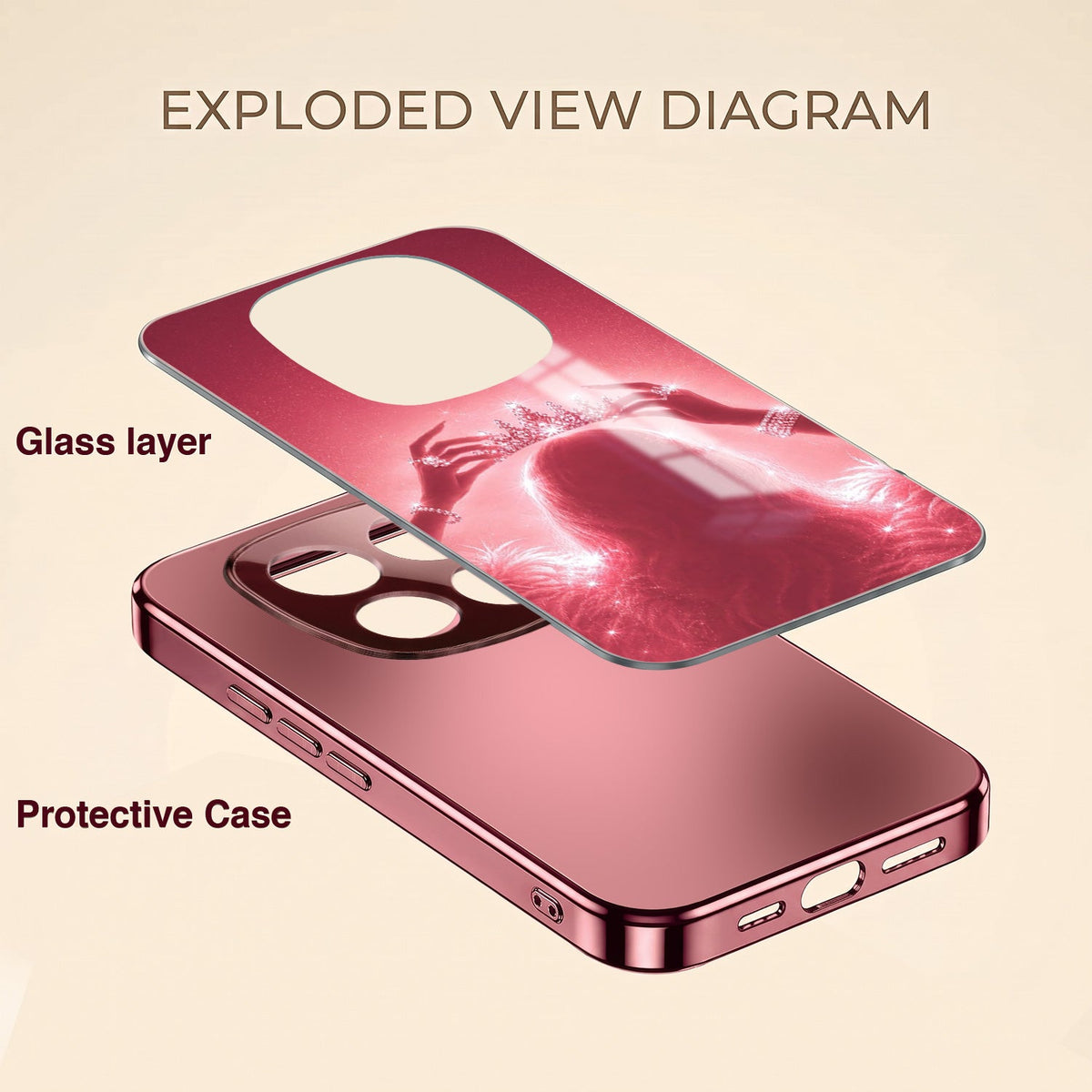 Redmi Note 15 Pro+ 5G Luxury Crown Queen Pink Electroplated Glass Phone Back Case