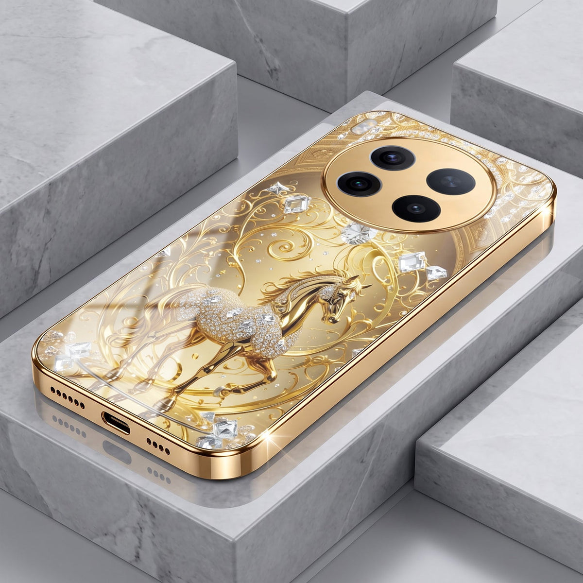 Vivo X300 Pro 5G Luxury Horse Texture Gold Electroplated Glass Phone Back Case