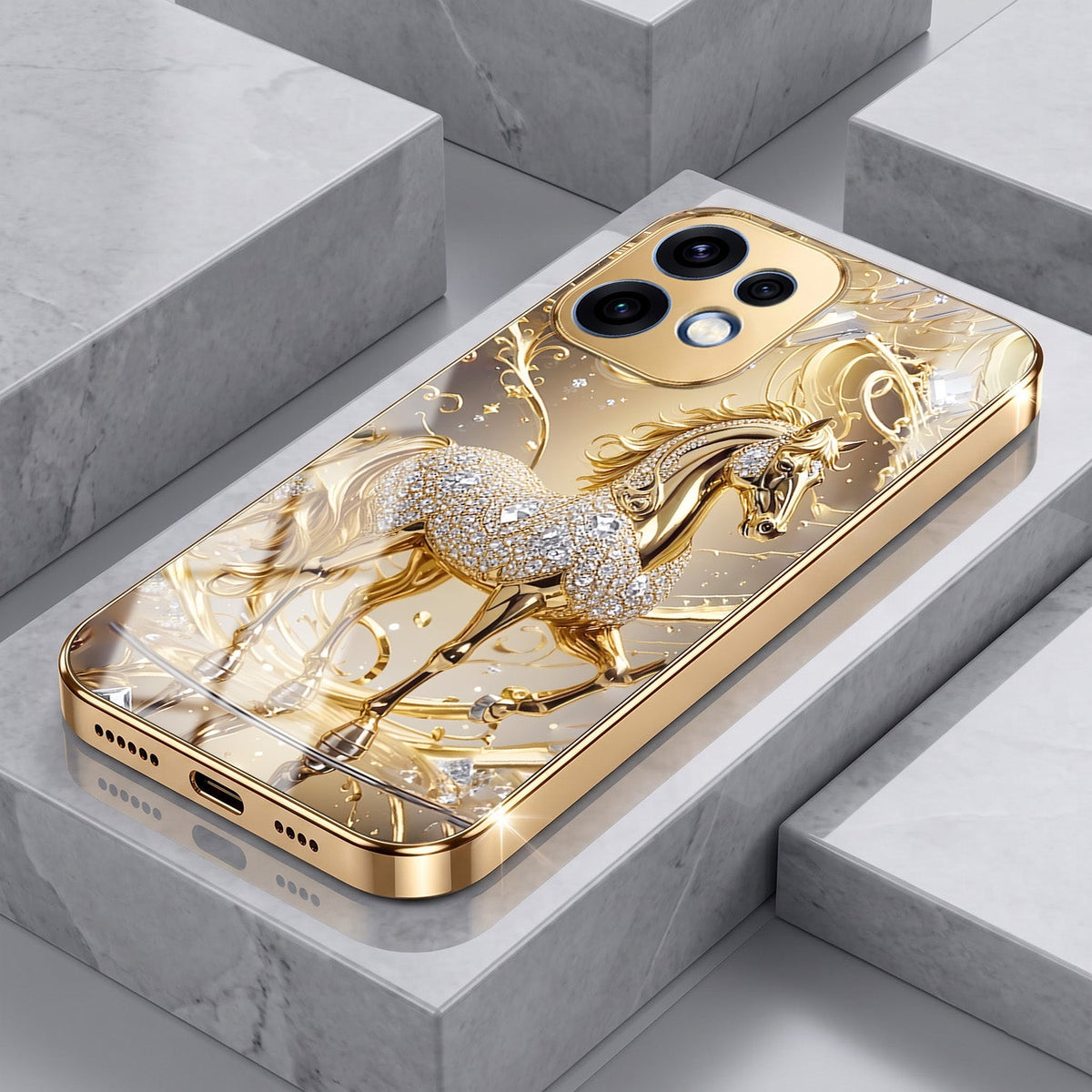 Oppo Reno 16 5G Luxury Horse Texture Gold Electroplated Glass Phone Back Case