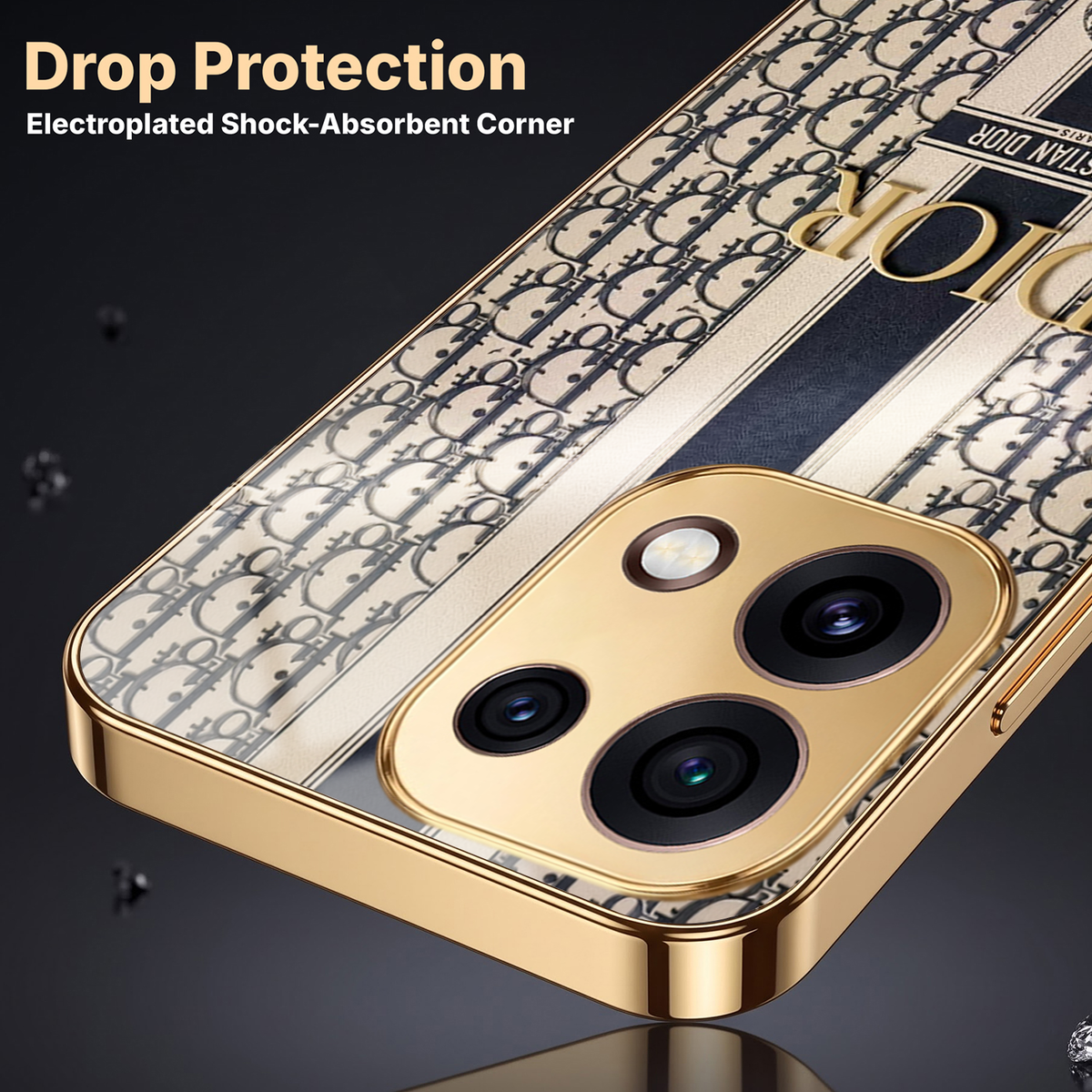 Oppo Reno 16C 5G Luxury Dior Gold Electroplated Glass Phone Back Case