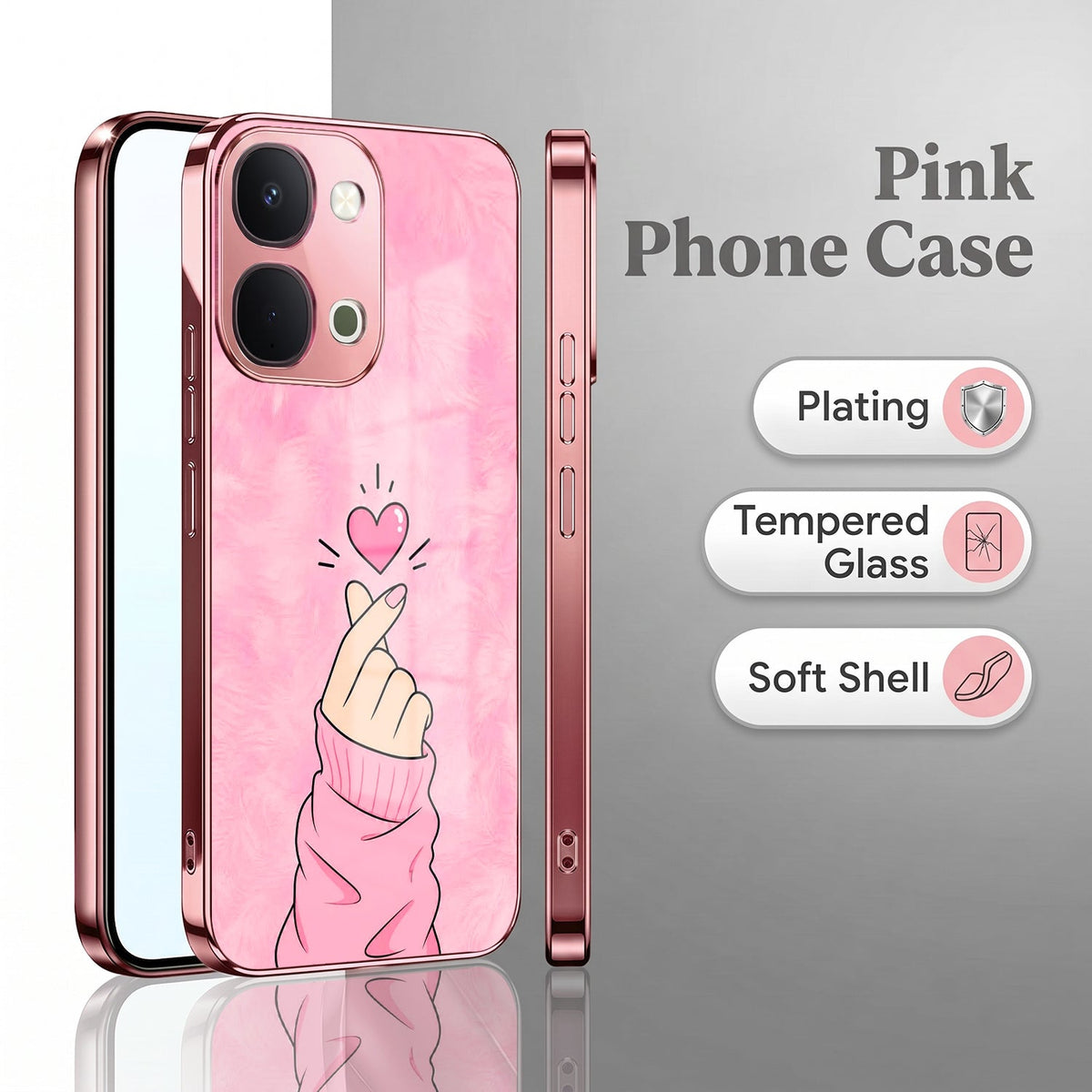 Vivo T5x 5G Luxury Heart Pink Electroplated Glass Phone Back Case
