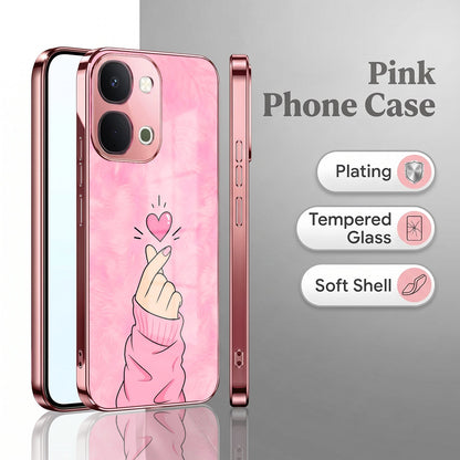 Vivo T5x 5G Luxury Heart Pink Electroplated Glass Phone Back Case