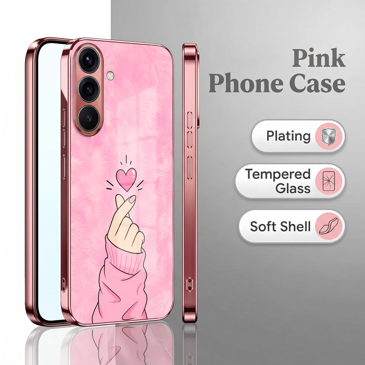 Samsung Galaxy A56 5G Luxury Heart Pink Electroplated Glass Phone Back Case