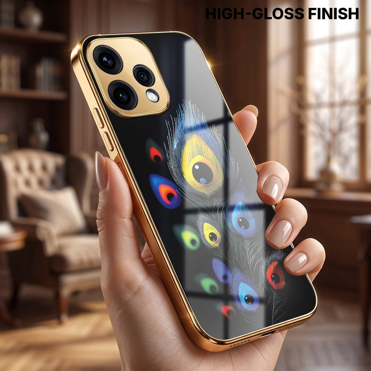 Oppo Reno 15 5G Multi-Feather Peacock Gold Electroplated Glass Phone Back Case