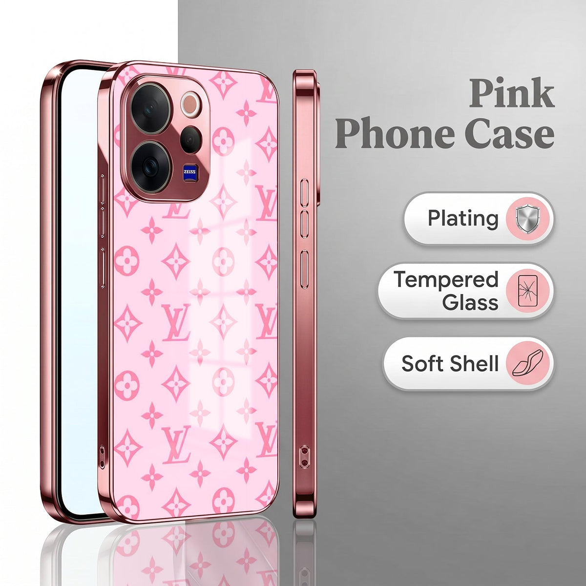 Vivo V70 5G Luxury Monogram Pink Electroplated Glass Phone Back Case