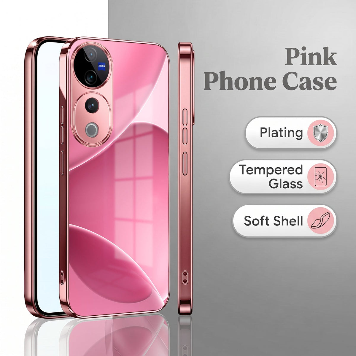 Vivo V40 Pro 5G Luxury Glossy Wave Pink Electroplated Glass Phone Back Case