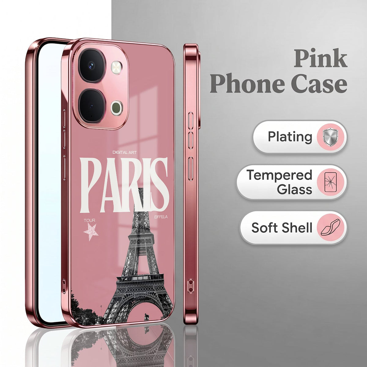 Vivo T5x 5G Luxury Paris Tower Pink Electroplated Glass Phone Back Case