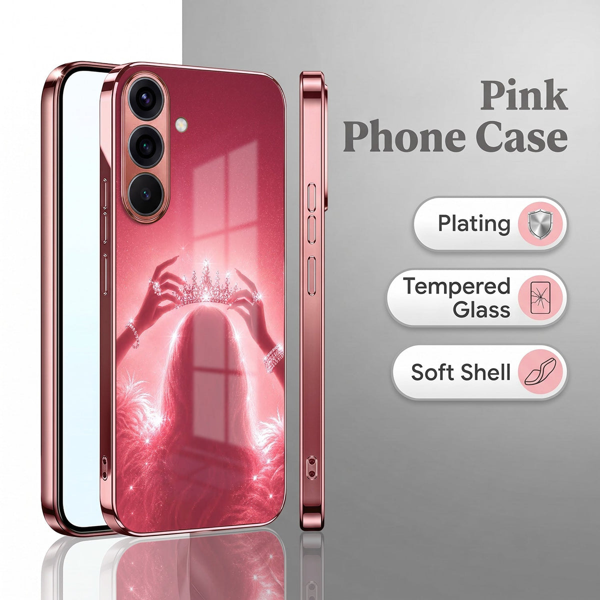 Samsung Galaxy A56 5G Luxury Crown Queen Pink Electroplated Glass Phone Back Case