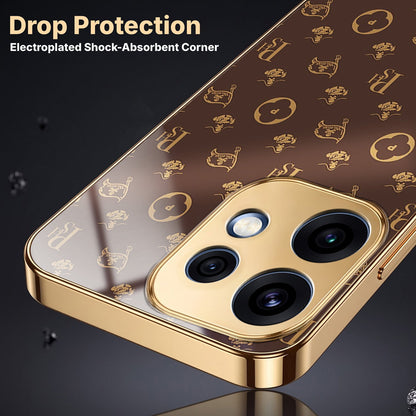 Oppo Reno 16 5G Luxury Monogram Brown Gold Electroplated Glass Phone Back Case